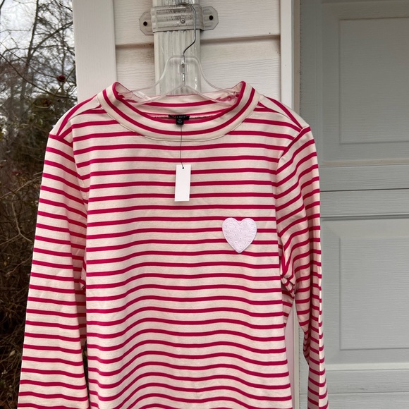 NWT Talbots Fun Pink Cream Stripe Appliqué Eyelet Heart Ruffled Cuff Top - Picture 2 of 4